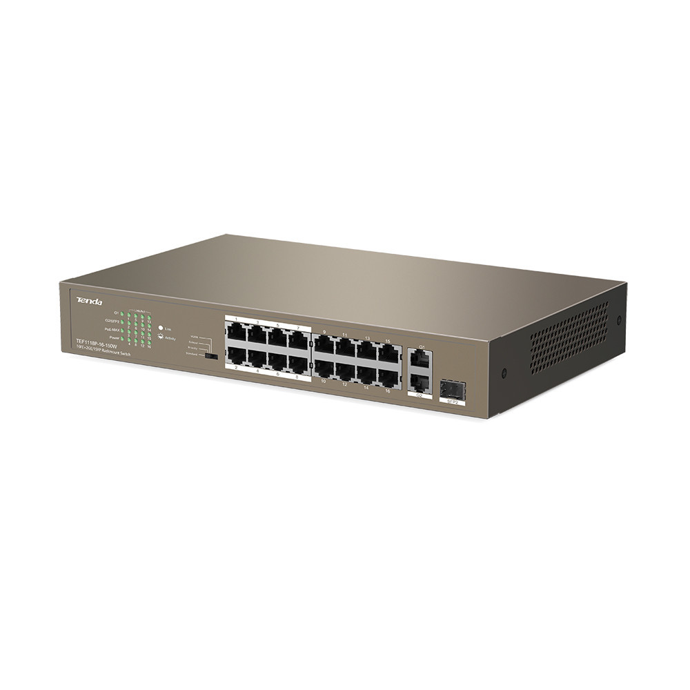 SWITCH DE BUREAU Tenda TEF1118P-16-150W / 16FE+2GE/1SFP - 16 ports PoE 10/100 Mbps