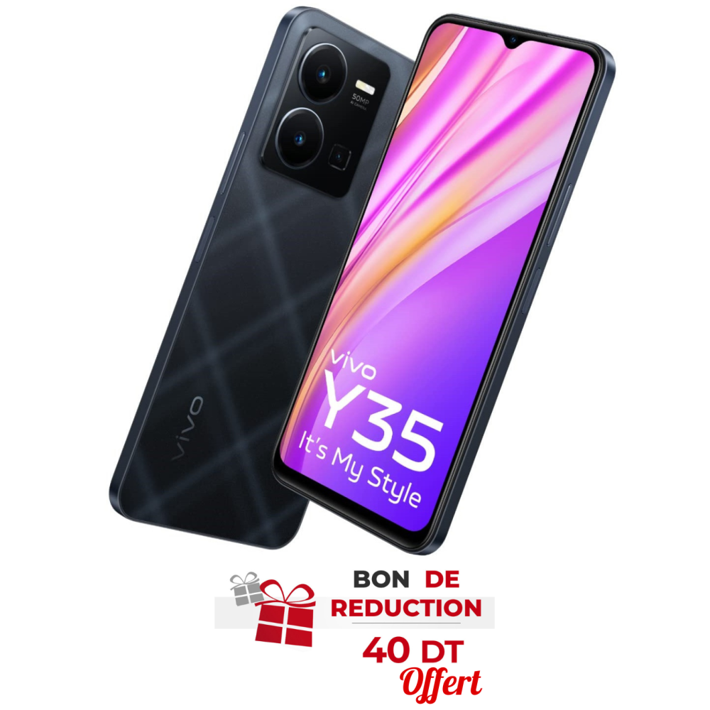 Smartphone Vivo Y35 / 8 Go / 128 Go / Noir + Bon de Réduction 40 DT Offert