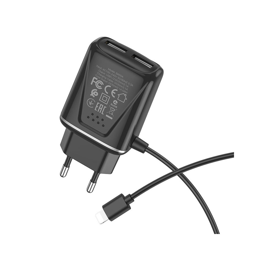 Chargeur secteur Borofone BA50A / Avec Câble lightning 2.1 A / Noir