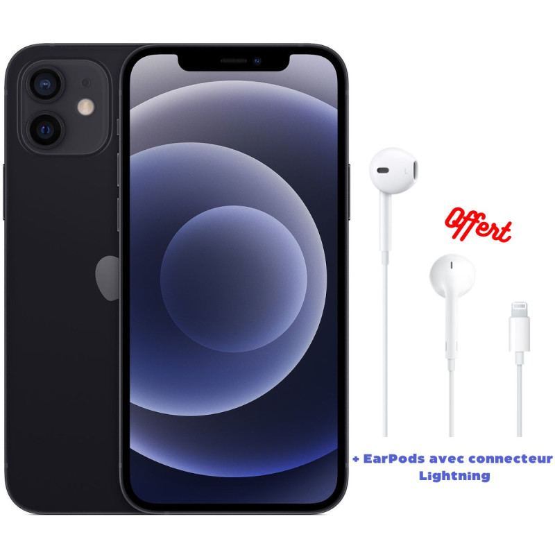 Téléphone Portable Apple IPhone 12 / 64 Go / Noir + EarPods avec connecteur  Lightning Offert