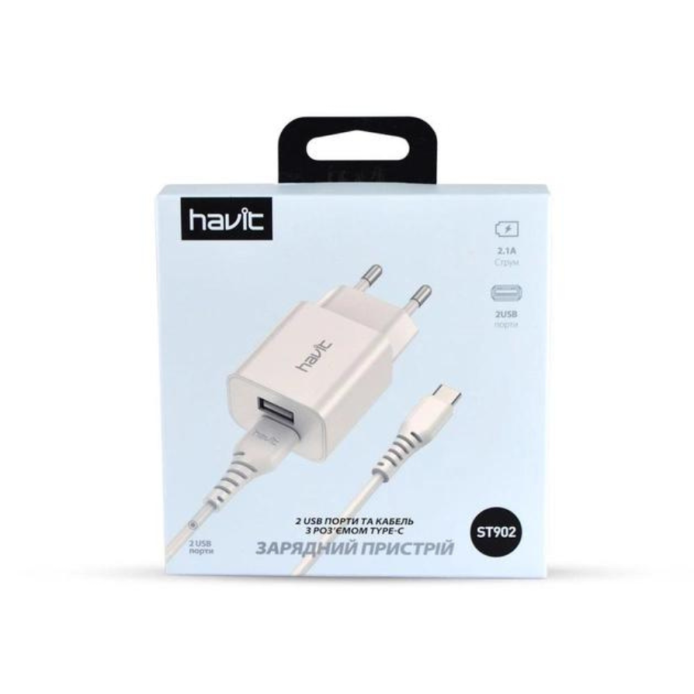CHARGEUR SECTEUR HAVIT HV-ST902 / 2 PORTS USB + Câble TYPE-C / 10W