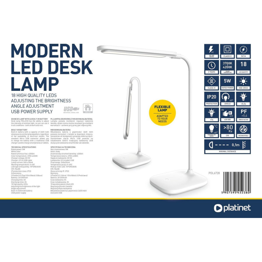 Lampe de bureau PLATINET / Rechargeable / Blanc