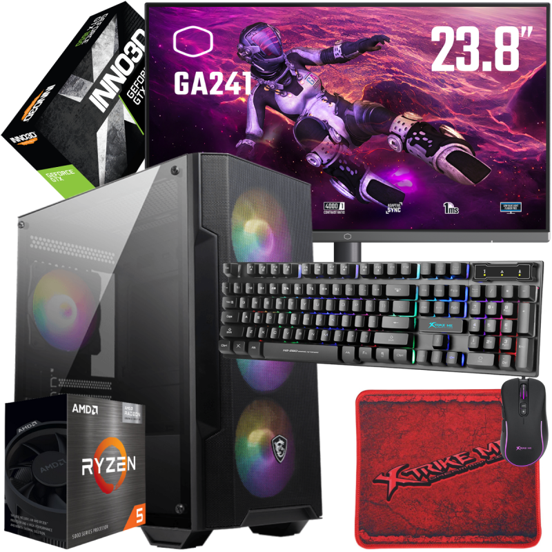 Setup Gamer Special Pc de Bureau Gaming / Ryzen 5 5600X / GTX 1650 TWIN X2 OC 4G / 16 Go Avec Écran COOLERMASTER 24" Full HD 100 Hz