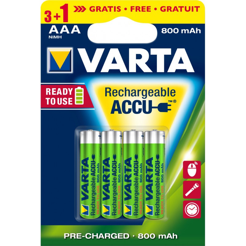 3x Piles Varta Rechargeable Accu AAA 800 mAh + 1 Pile offerte