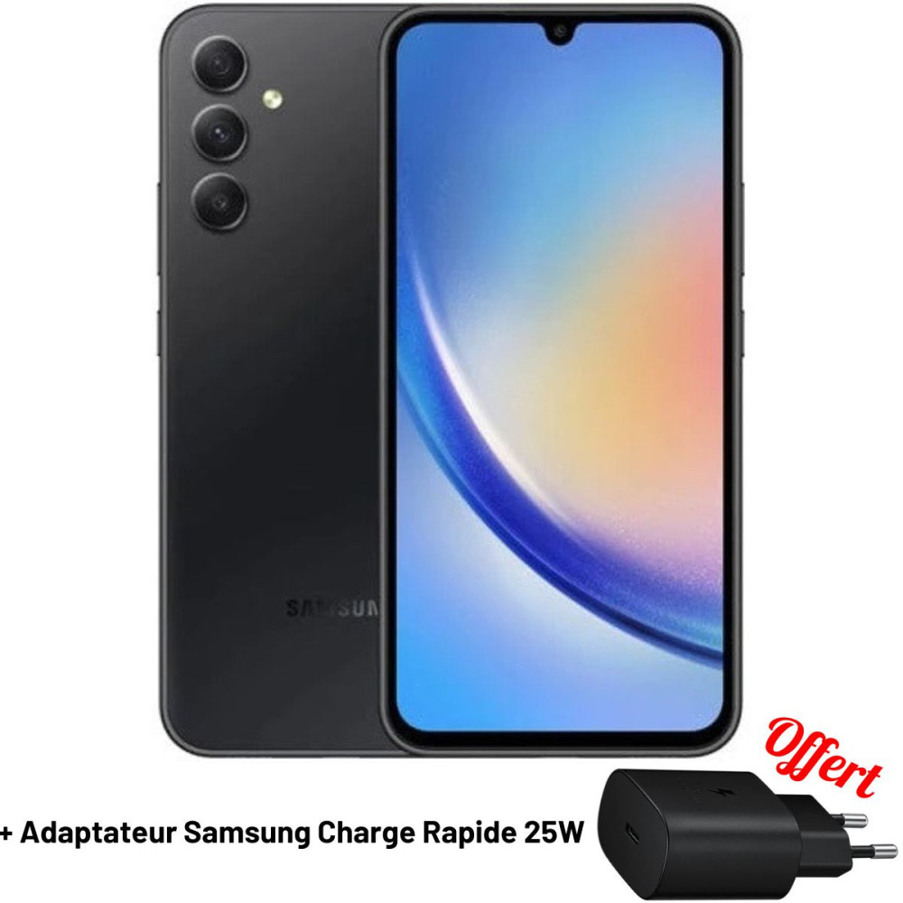 Smartphone Samsung Galaxy A34 / 8 Go / 128 Go / Noir + Adaptateur Samsung 25W Offert