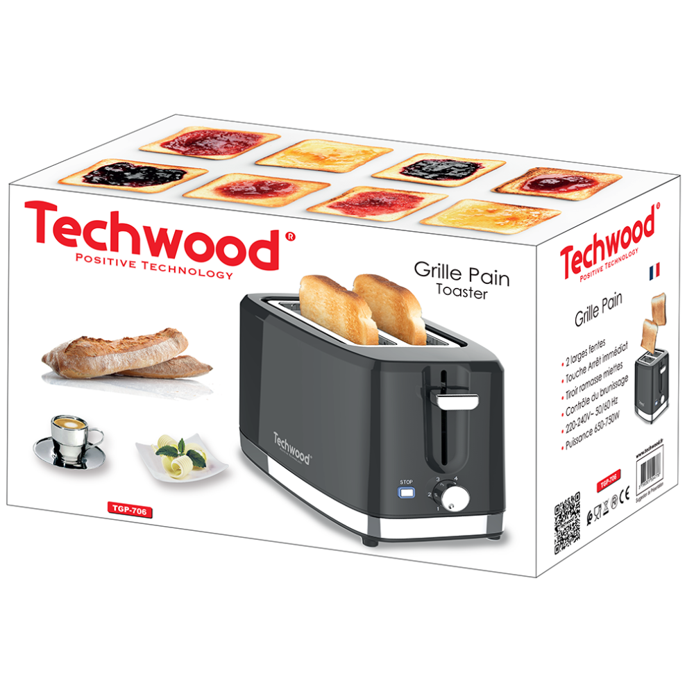Grille Pain TECHWOOD 2 fentes larges Inox / 750W / Noir
