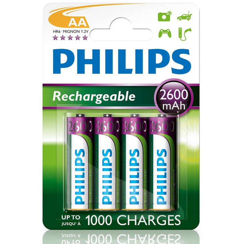 4x Piles AA Philips Rechargeable 2600mAh