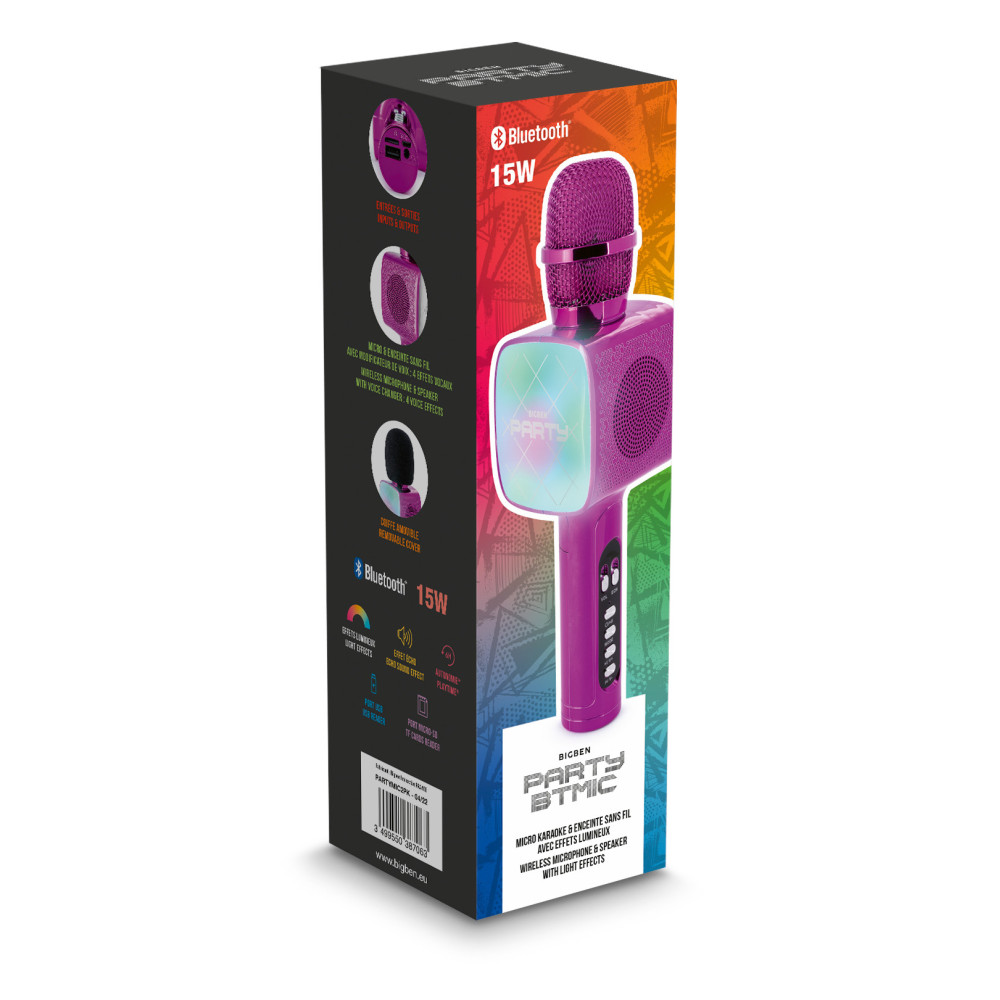MICROPHONE BLUETOOTH 2 EN 1 KARAOKÉ ET ENCEINTE PARTY AVEC EFFETS LUMINEUX BIGBEN / 15W / ROSE