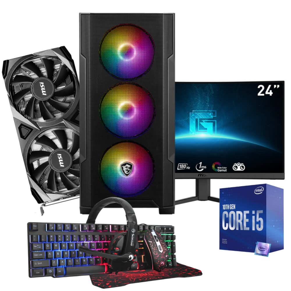 Setup Gamer MSI Pc de Bureau Gaming / i5-10400F / RTX 3050 8G / 16 Go Avec Écran Incurvé MSI 24" Full HD VA 180 Hz