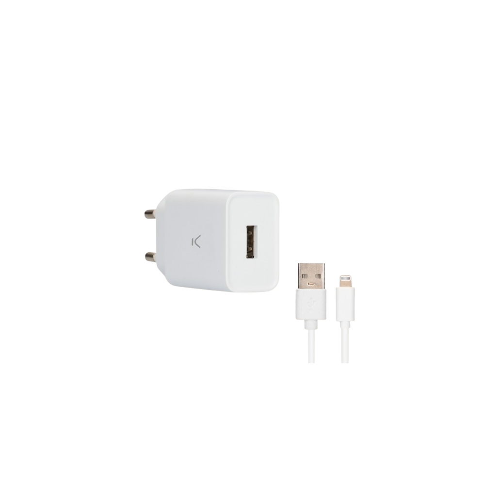 CHARGEUR KSIX Port USB-A pour iPhone avec Câble USB-A 2.4A vers Lightning 1 m/ 12W / BLANC