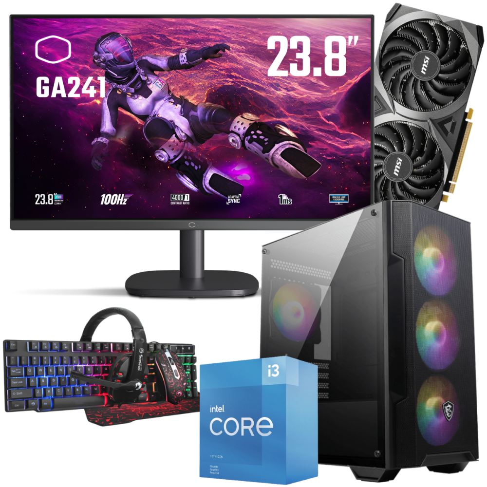 Setup Gamer Special Pc de Bureau Gaming / i3-10105F / RTX 3050 8G / 16 Go Avec Écran Cooler Master 24" Full HD VA 100 Hz