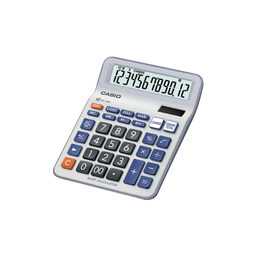 CALCULATRICE DE BUREAU CASIO DC-12M / 12 CHIFFRES / PILLE OU SOLAIRE / Gris