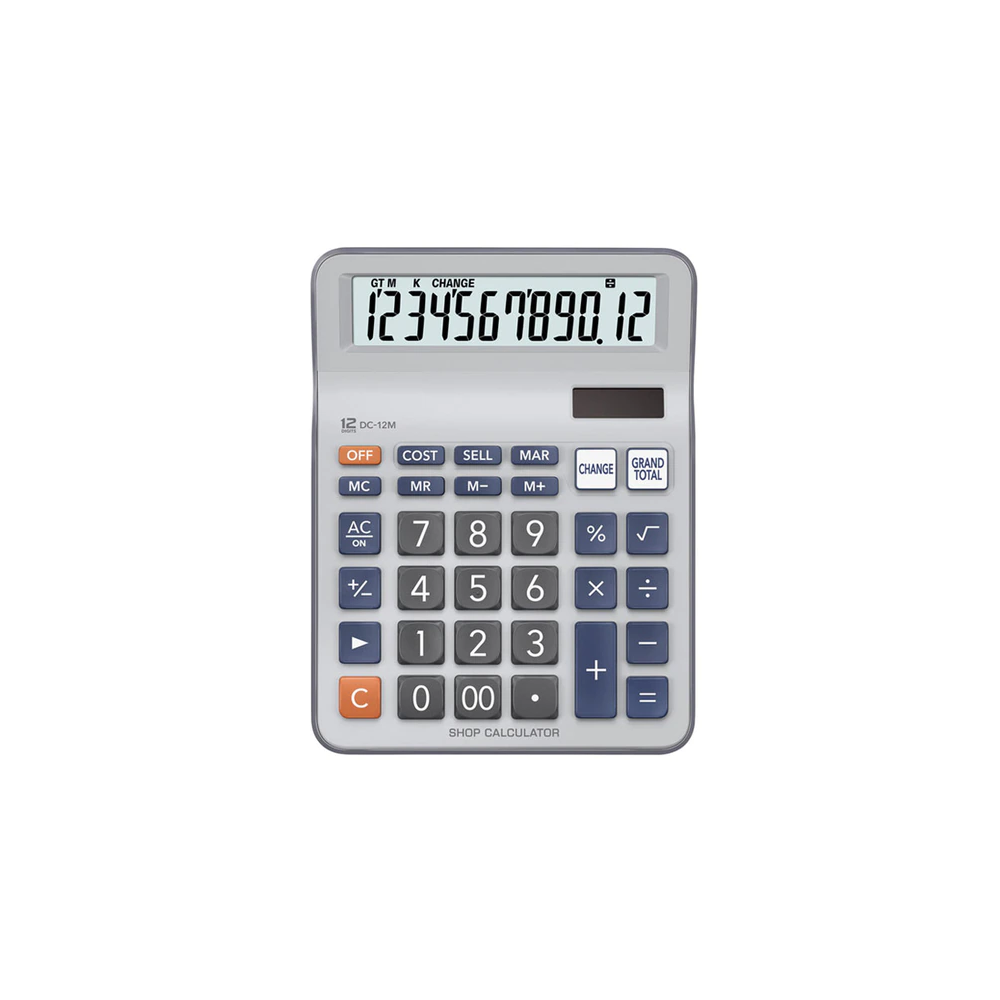 CALCULATRICE DE BUREAU CASIO DC-12M / 12 CHIFFRES / PILLE OU SOLAIRE / Gris