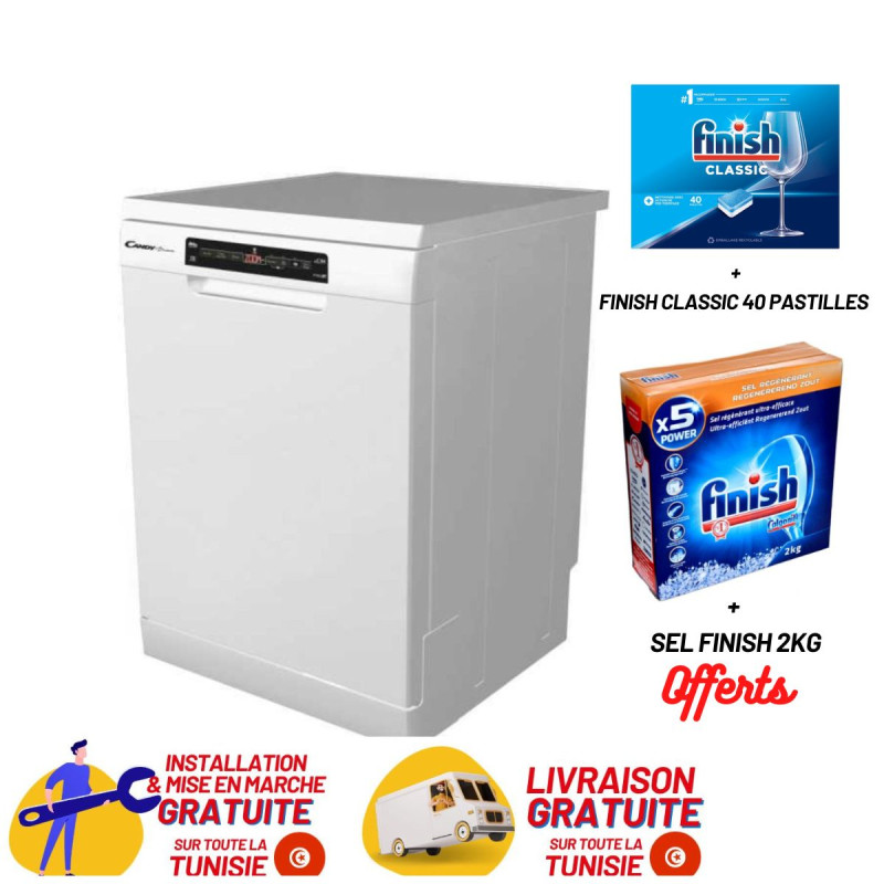Lave vaisselle Candy 16 couverts CDPN4D620PWE / 60cm / Blanc / Wi-Fi / Bluetooth + Livraison + Installation et Mise en Marche Gratuites + Sel Finish 2 KG + Finish Classic 40 Pastilles Offerts