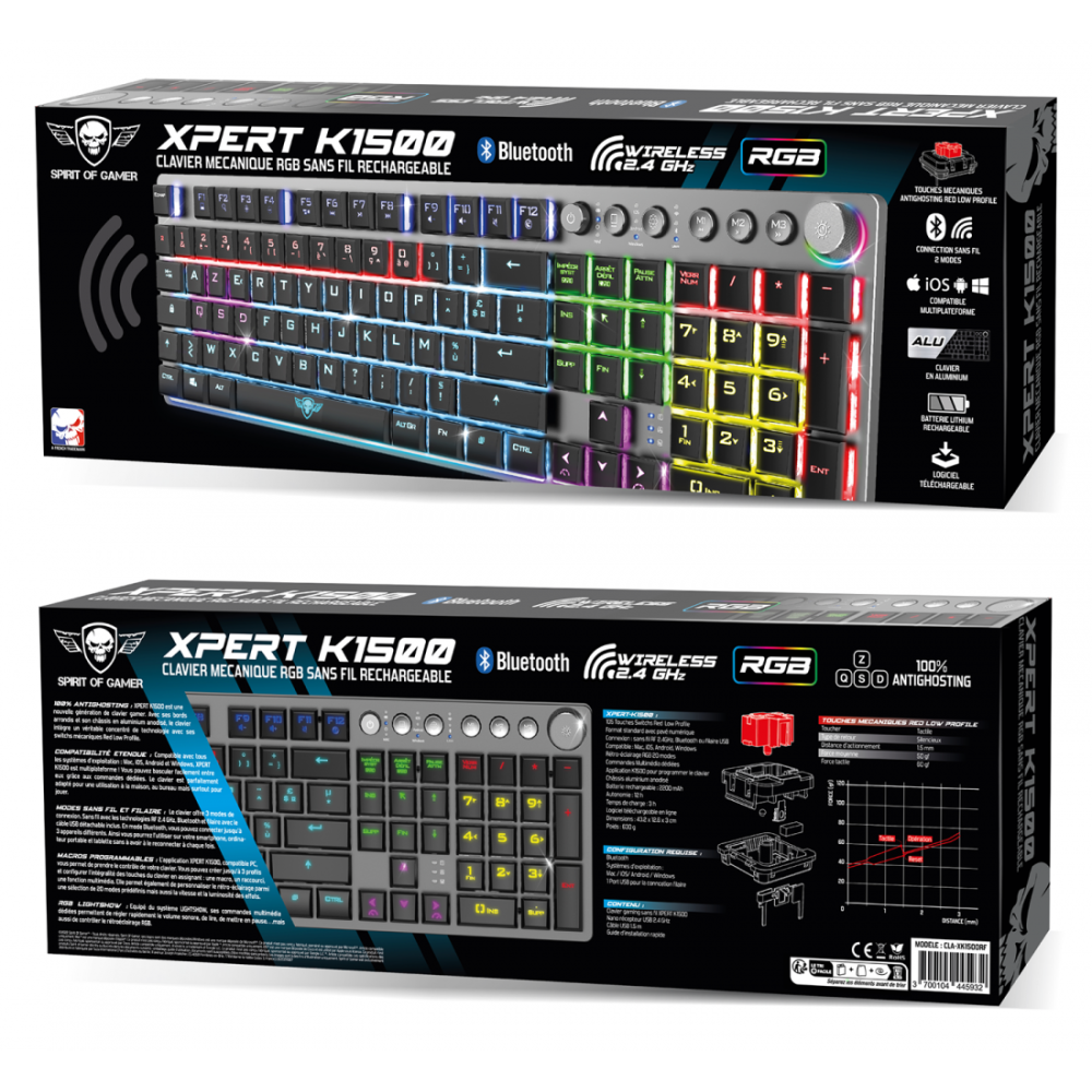 Clavier gaming mécanique Sans Fil RGB Spirit of Gamer XPERT-K1500 / RED SWITCHS / Noir