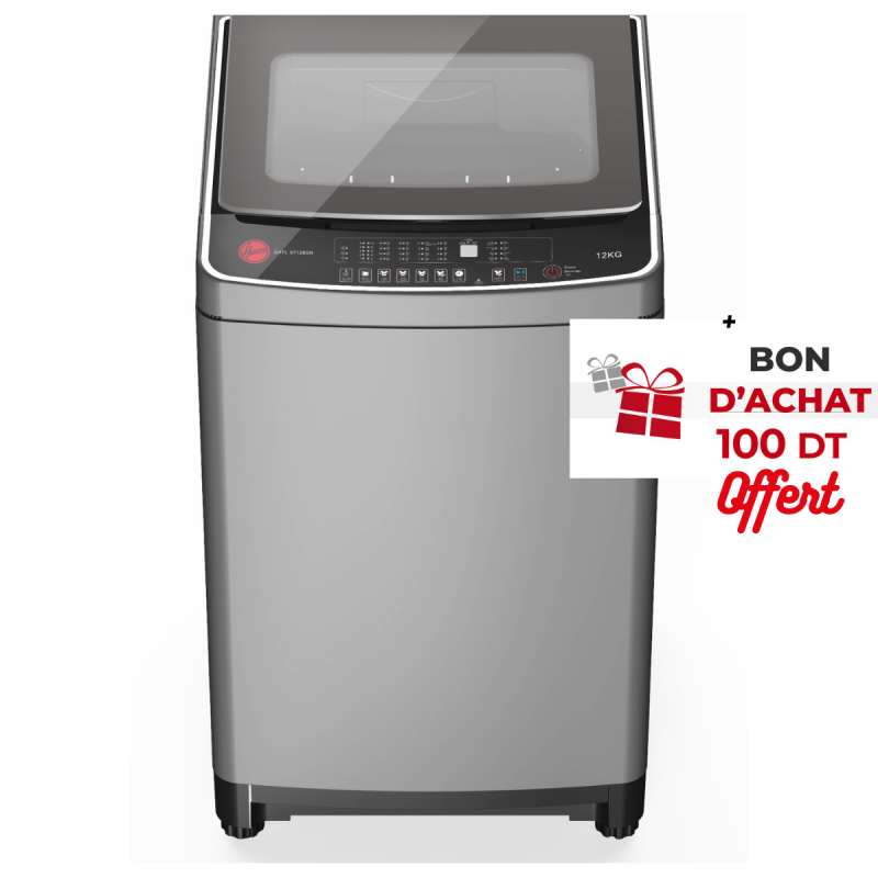 Machine à laver Automatique Top Load Hoover 12 Kg / 1000 trs / Silver + 100 dt bon d'achat + Livraison + Installation et Mise en Marche Gratuites