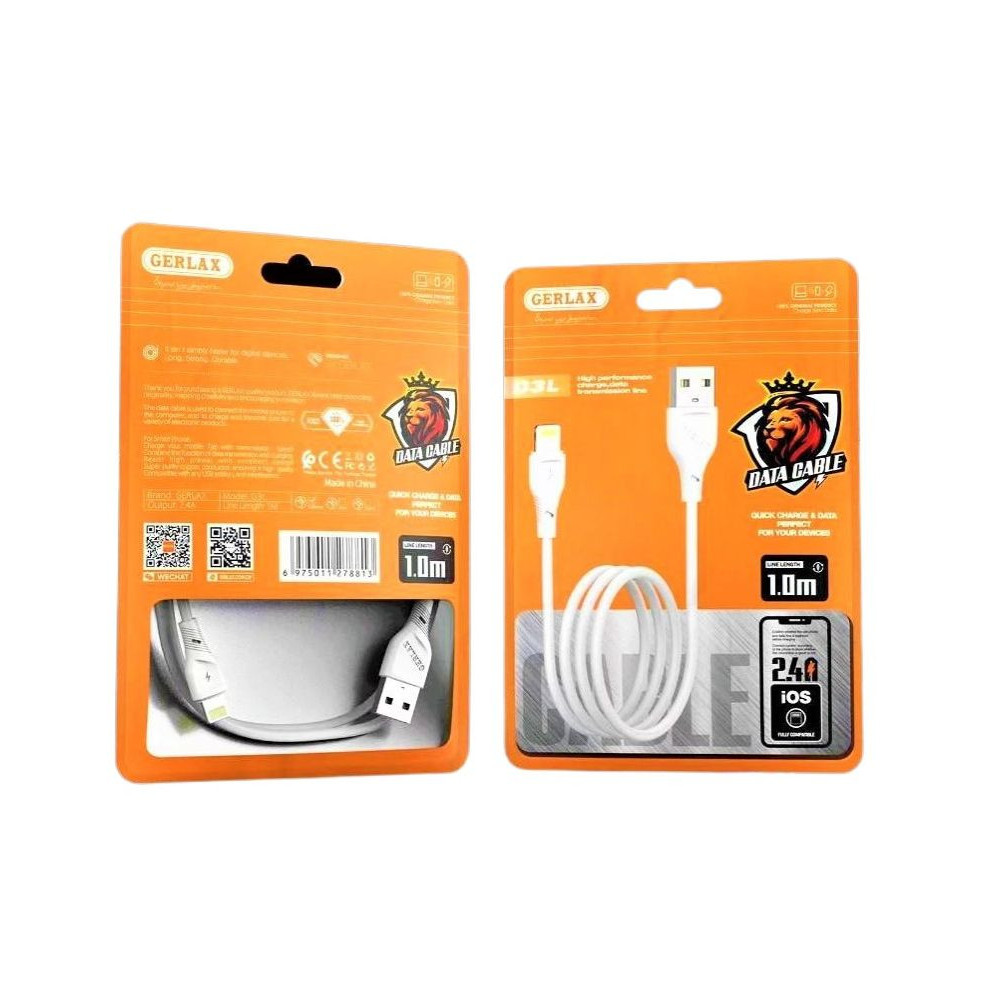 CABLE LIGHTNING GERLAX  2.4A / 1M / Blanc