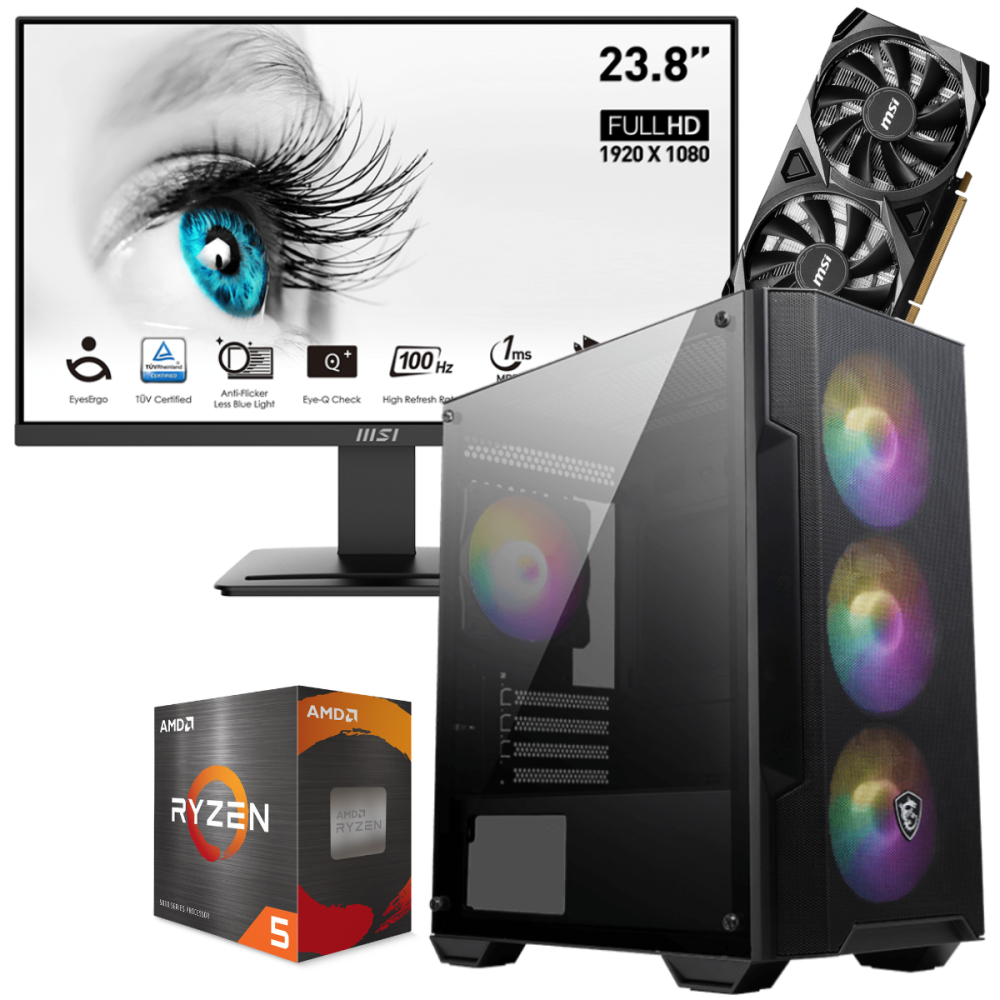 Setup Gamer Special Pc de Bureau Gaming / Ryzen 5 5600X / RTX 3050 8G / 16 Go Avec Écran MSI PRO 24" Full HD VA 100 Hz
