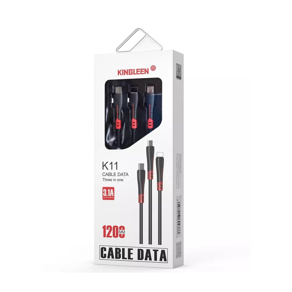 Câble KINGLEEN  3en1 USB vers Micro USB / Type C / Lightning / Noir