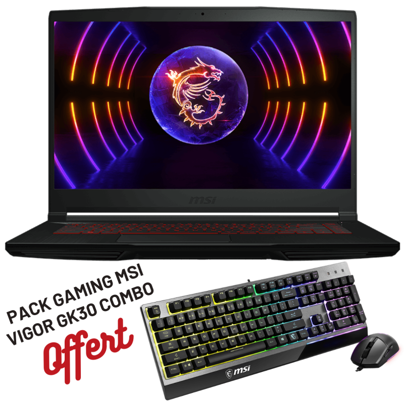 Pc portable MSI Gaming GF63 12VF-414XFR / I5-12450H / RTX 4060 8G / 16 Go / Windows 11 Pro Avec Pack Gaming MSI VIGOR GK30 COMBO Offert