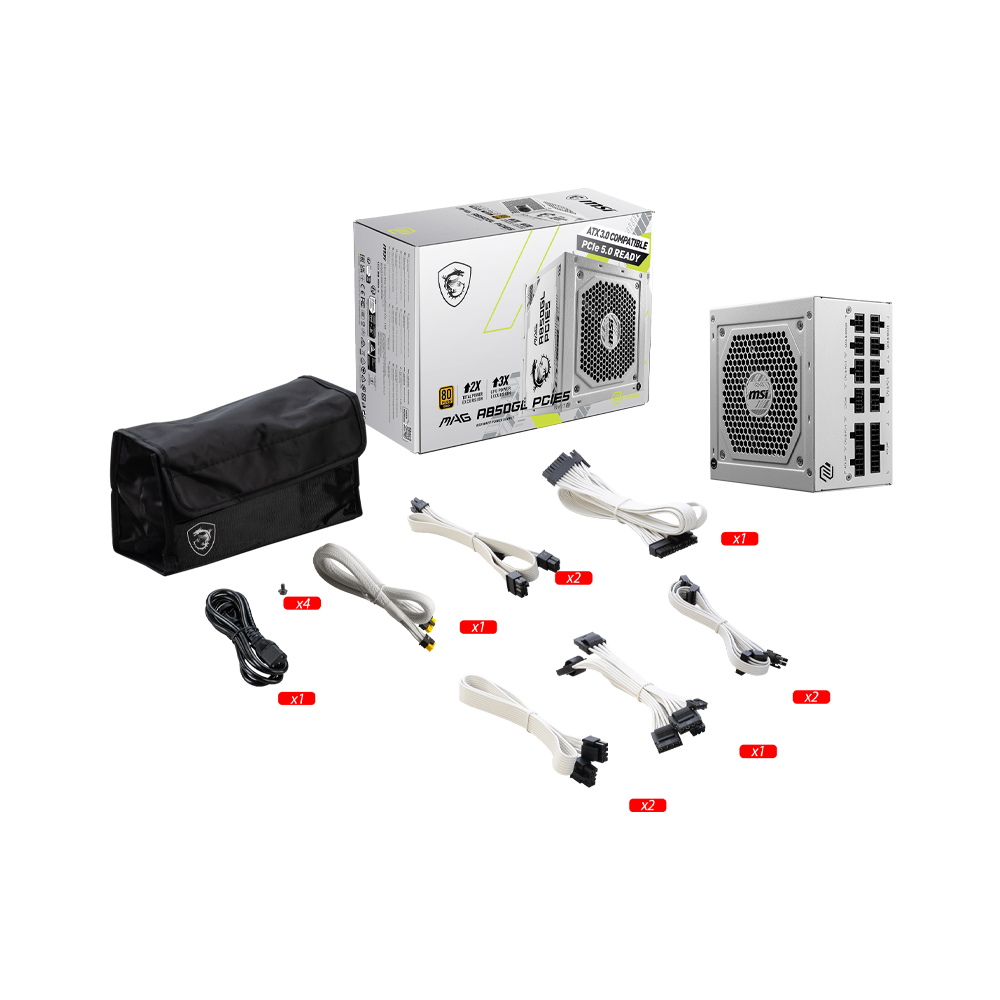 Boîte d'alimentation MSI MAG A850GL PCIE5 100% modulaire / 80 PLUS Gold / 850 W / WHITE