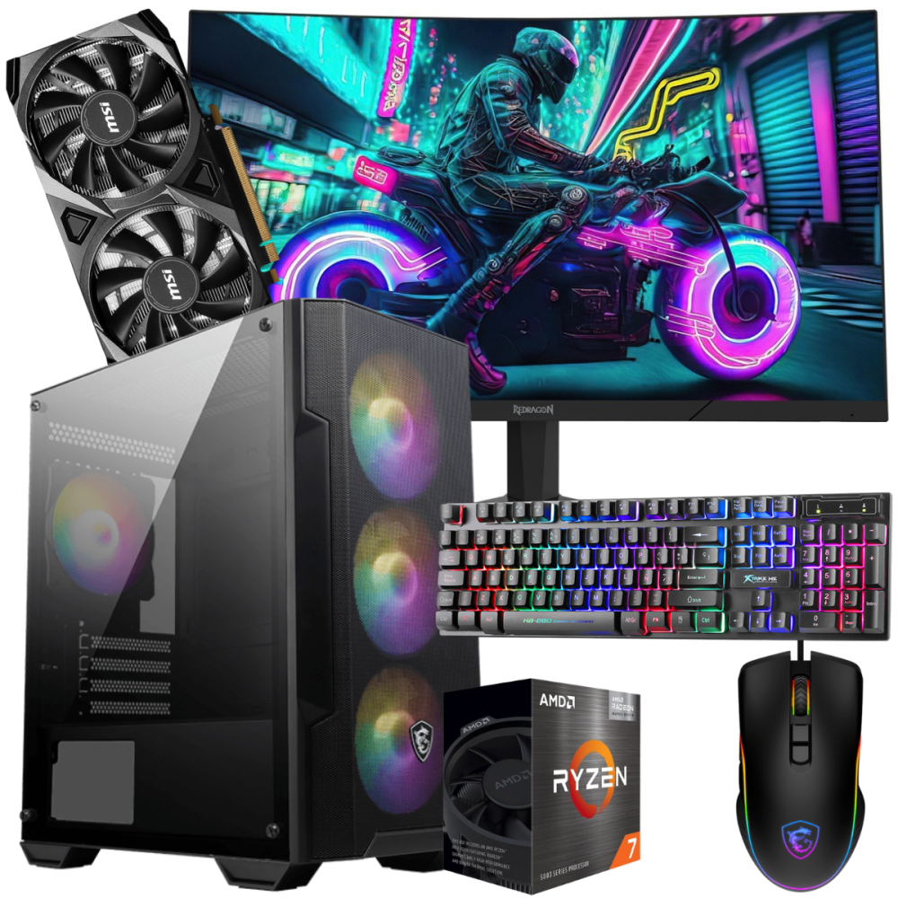 Setup Gamer Special Pc de Bureau Gaming / Ryzen 7 5700G / RTX 3050 8G / 16 Go Avec Écran Incurvé Redragon 24" Full HD 180 Hz