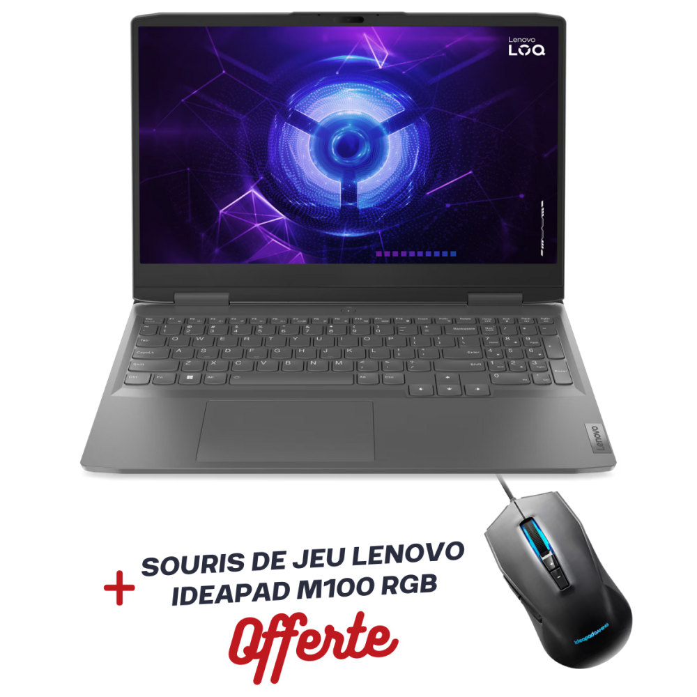 Pc Portable Gamer Lenovo LOQ 15IRH8 / i5-12450H / RTX 2050 4G / 32 Go / Windows 11 / Gris / Avec Souris RVB Lenovo LOQ M100
