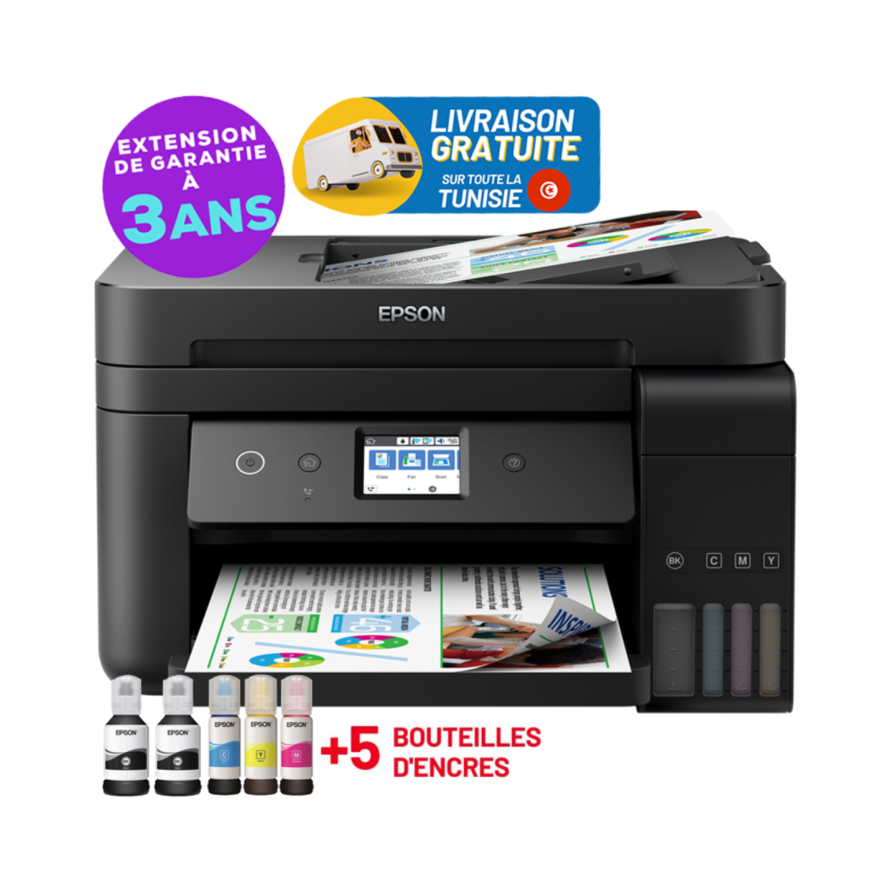 Imprimante EcoTank L6290 4 en 1 couleur A4 / Recto Verso / Wi-Fi + 5 Bouteilles D'encres Epson Incluses