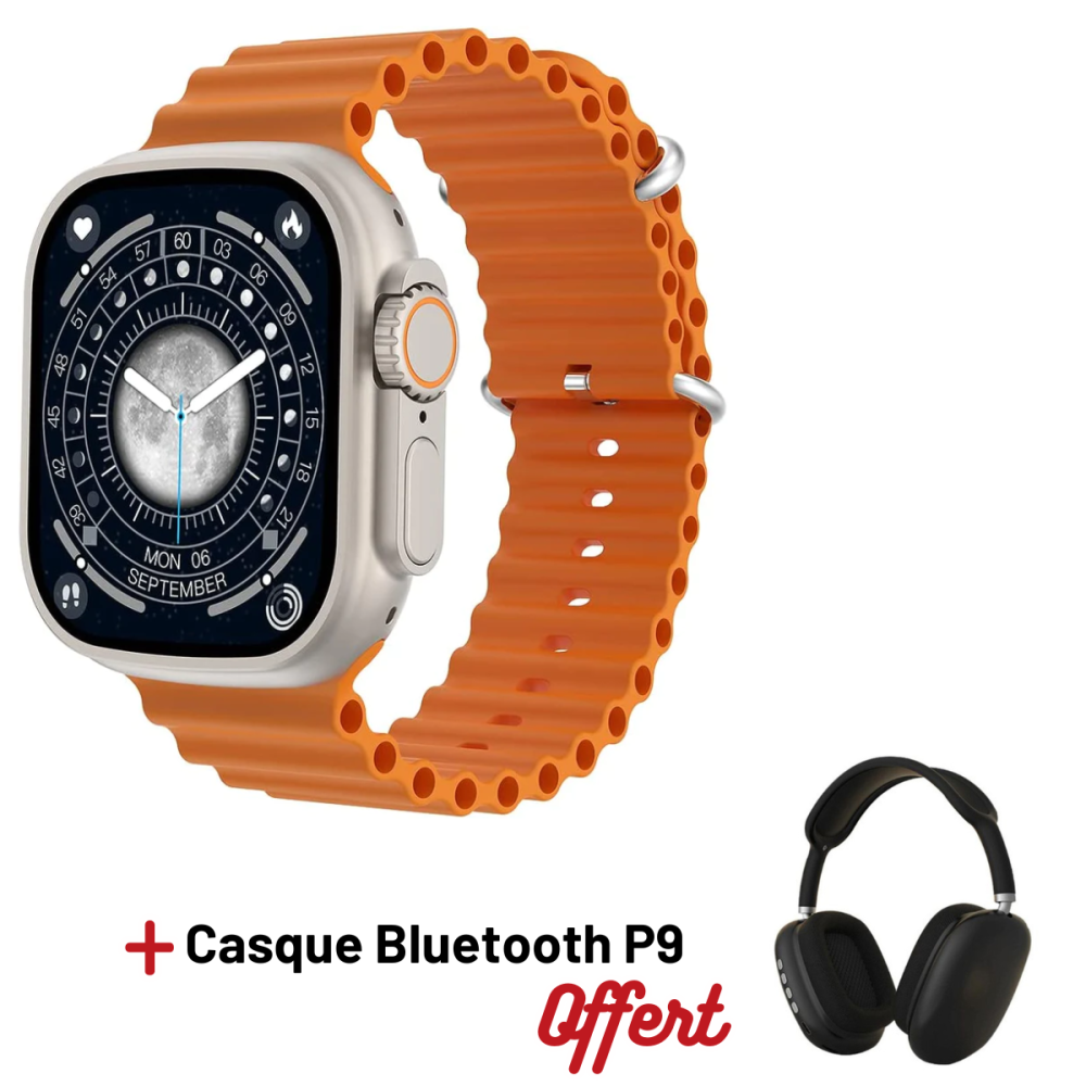 Smartwatch 8 Ultra multifonction SW8 PRO MAX / Orange et Noir Avec Casque Bluetooth P9 Noir Offert