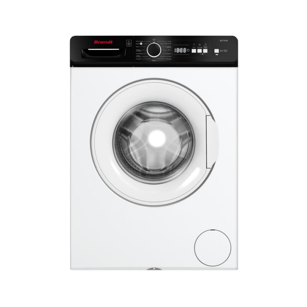 LAVE LINGE BRANDT 7KG 1400trs/min Blanc avec Bandeau Noir + Sèche Linge plastique Gratuit