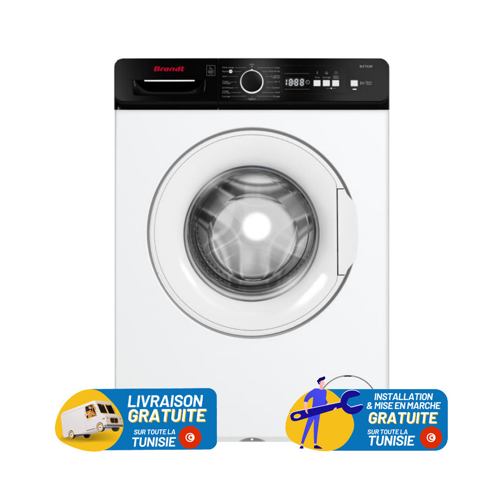 LAVE LINGE BRANDT 7KG 1400trs/min Blanc avec Bandeau Noir + Sèche Linge plastique Gratuit