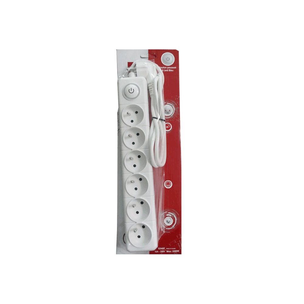 Multiprise SOMEF 6 Modules Avec Bouton Poussoir 3 M - Blanc