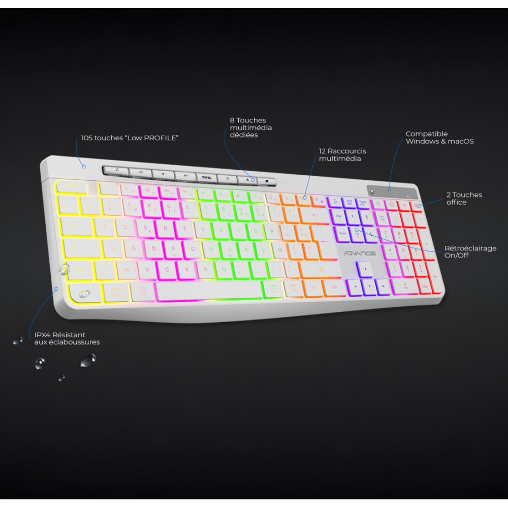 CLAVIER ADVANCE R-TYPE SANS FIL RGB RECHARGEABLE Blanc