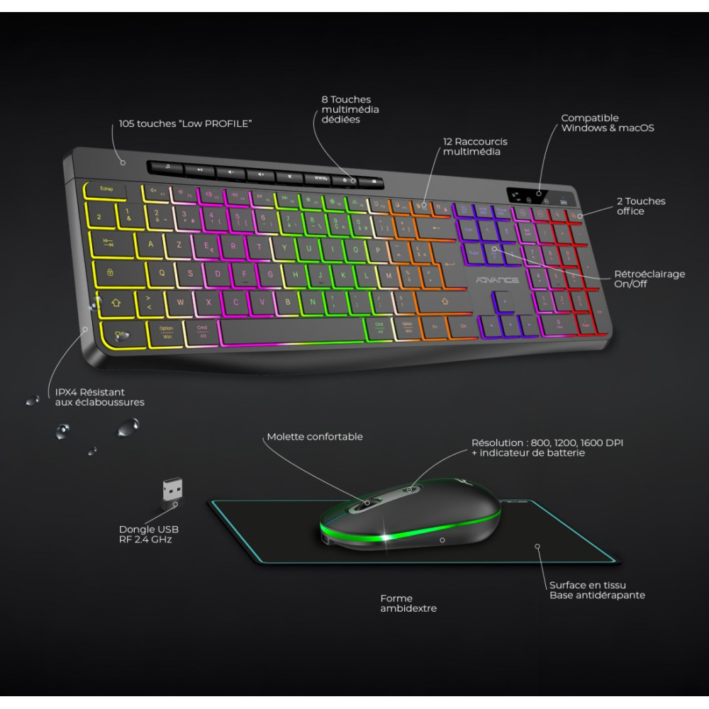 PACK CLAVIER SOG R-TYPE CLA+SOURIS SANS FIL RGB NOIR RECHARGEABLE