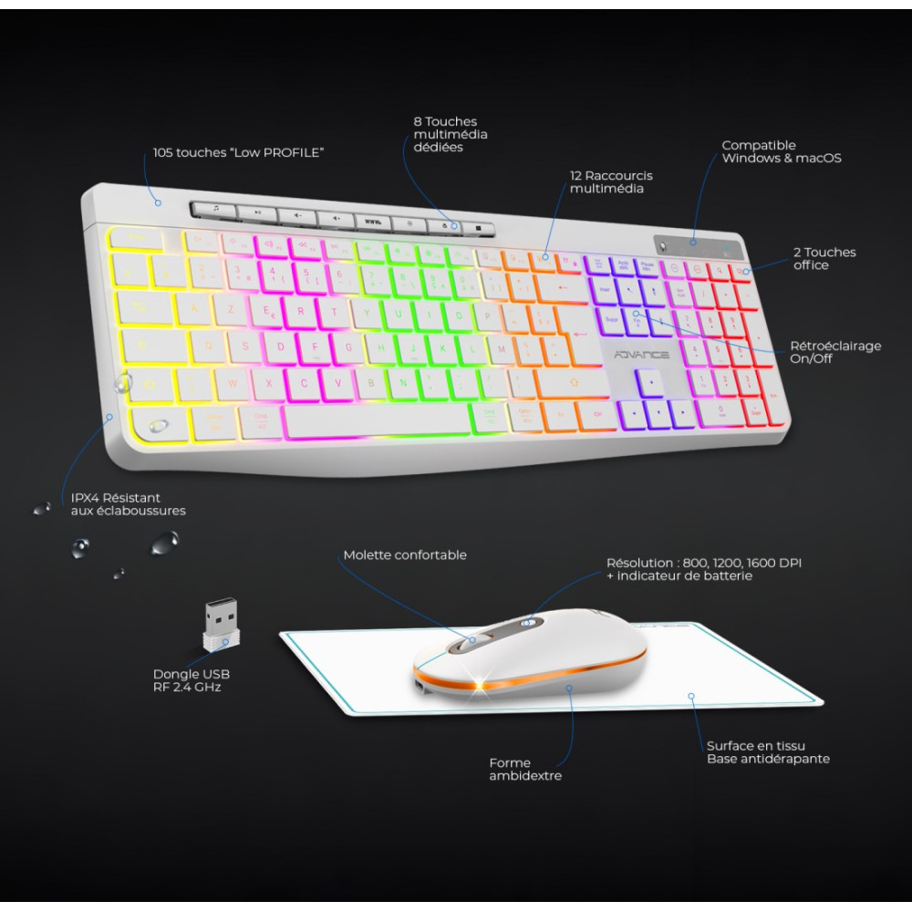 PACK CLAVIER SOG R-TYPE CLA+SOURIS SANS FIL RGB RECHARGEABLE / BLANC