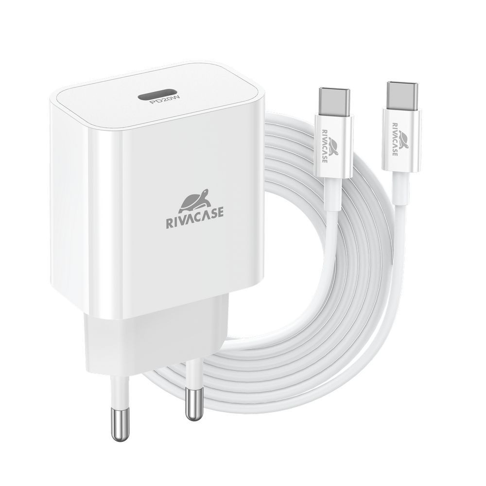 Chargeur Secteur USB-C RIVACASE PS4101 WD4 / 20 W / Avec câble USB-C Vers USB-C / Blanc