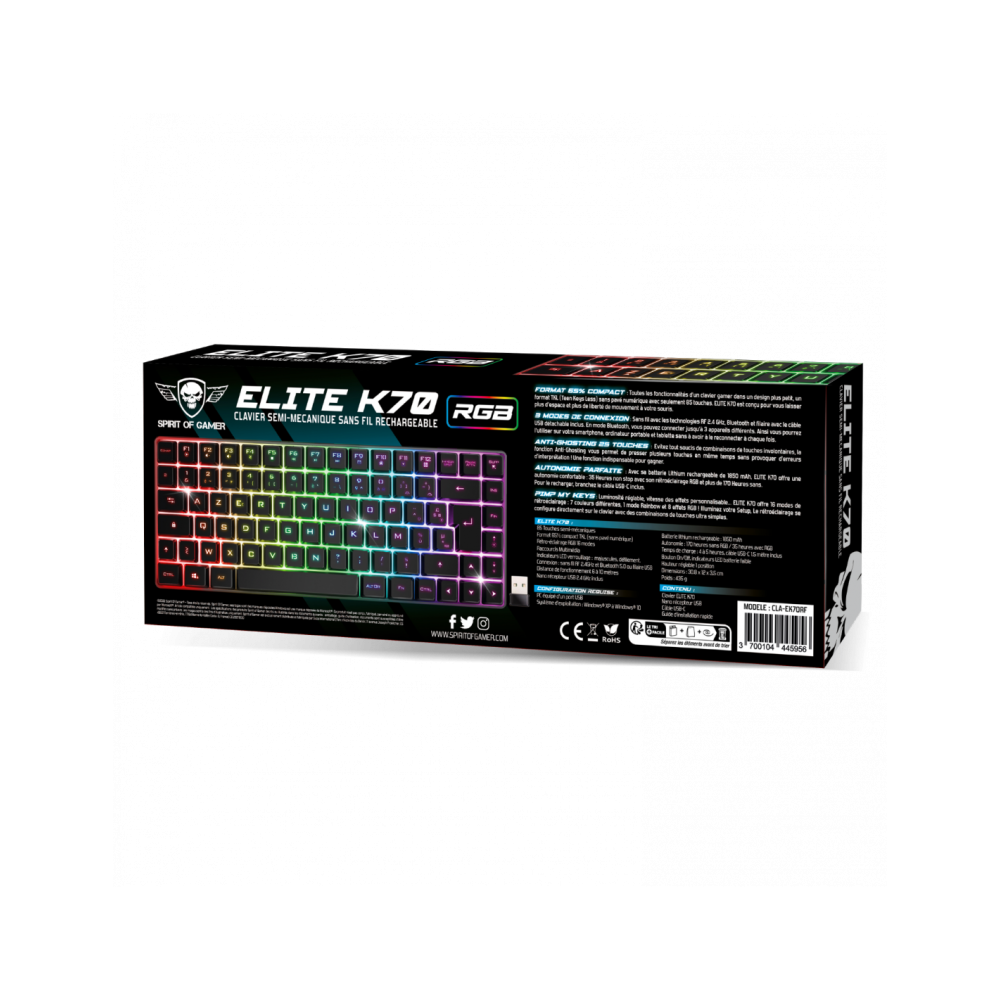 Clavier Gamer Sans Fil SPIRIT OF GAMER ELITE-K70 RGB - Noir