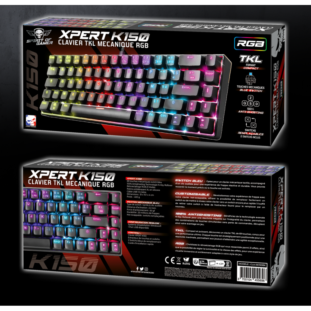 Clavier Gamer Filaire SPIRIT OF GAMER Xpert K150 RGB Switch Bleu - Noir