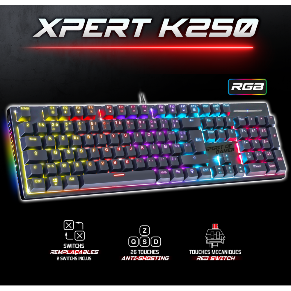 Clavier Gamer Filaire SPIRIT OF GAMER XPERT-K250 RGB Switch Rouge / Noir