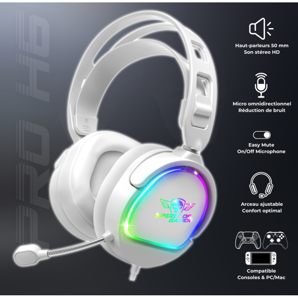 Casque Micro Gaming Spirit of Gamer PRO-H6 ARTIC / RGB / Blanc