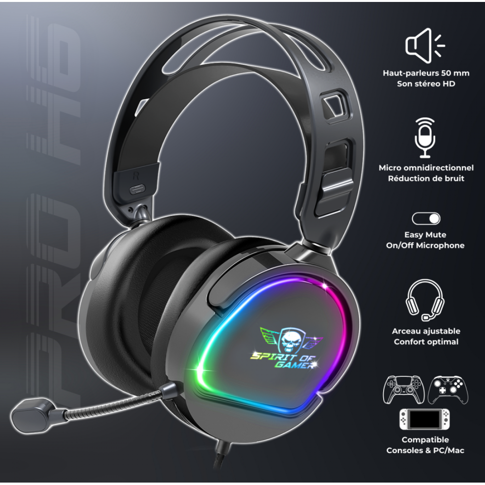 Casque Micro Gaming Spirit of Gamer PRO-H6 DARK / RGB / Noir