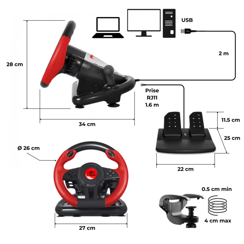 Volant De Course SPIRIT OF GAMER PRO 1 PC / Noir & Rouge