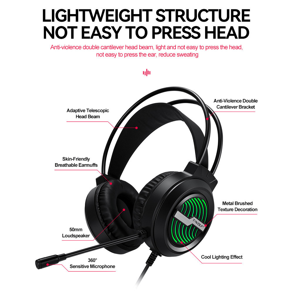Micro Casque Gamer Filaire T-WOLF H130 RGB - Noir