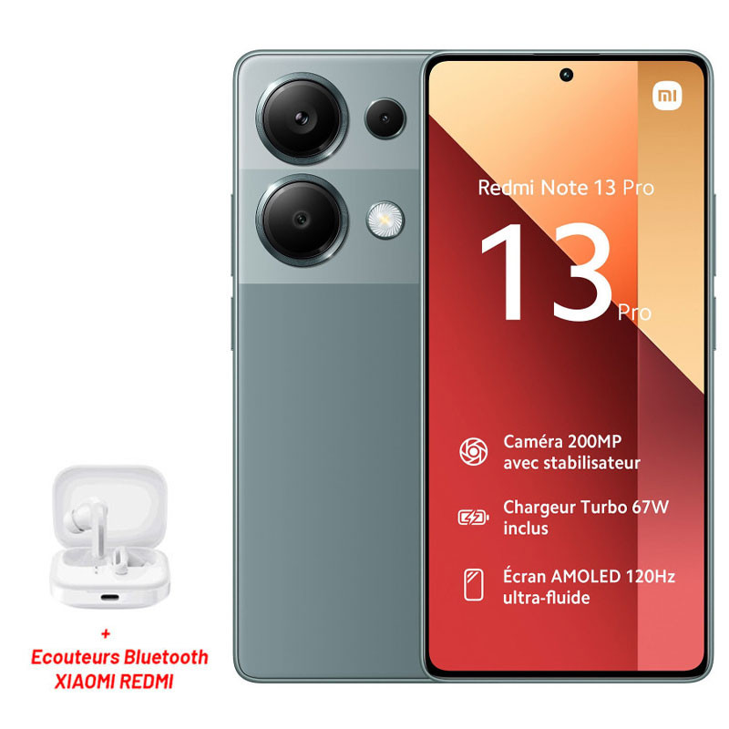 Smartphone XIAOMI Redmi Note 13 PRO/ 12 Go / 512 Go / Vert + Ecouteurs Bluetooth XIAOMI REDMI
