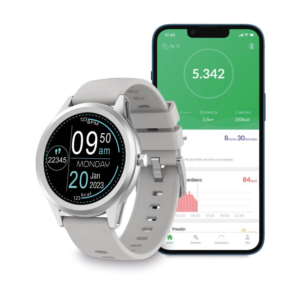 Smartwatch Ksix Globe 1.28" / Gris Avec Casque Bluetooth P9 Blanc Offert