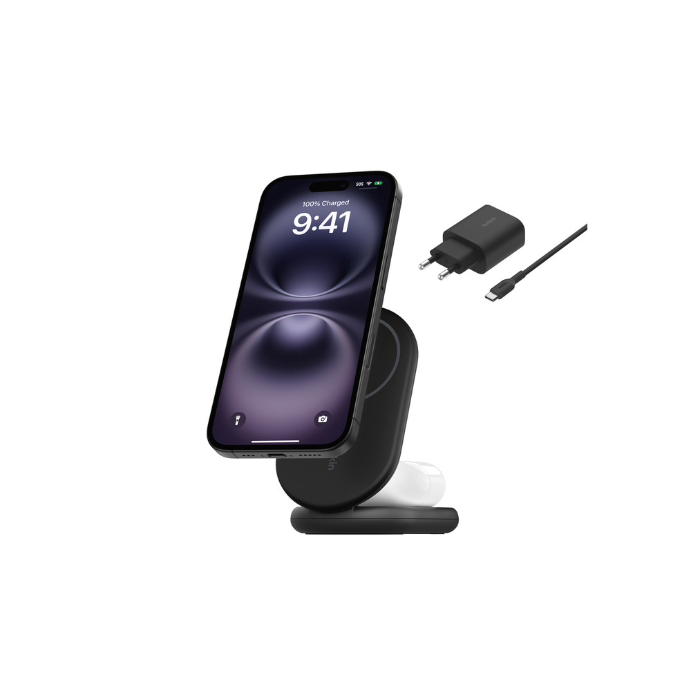 Socle de recharge 2-en-1 aimantée et pliable avec Qi2 15 W / Noir