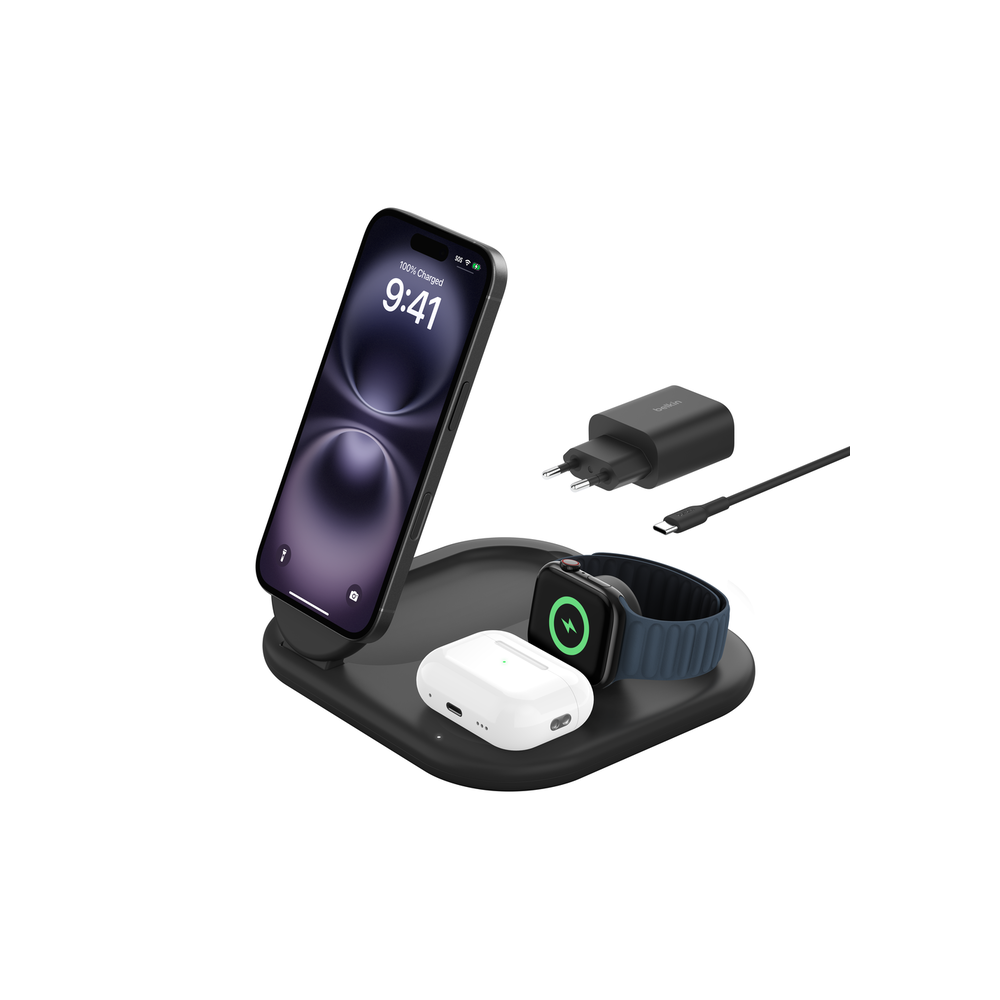 Socle de recharge 3-en-1 aimantée et pliable avec Qi2 15 W / Noir