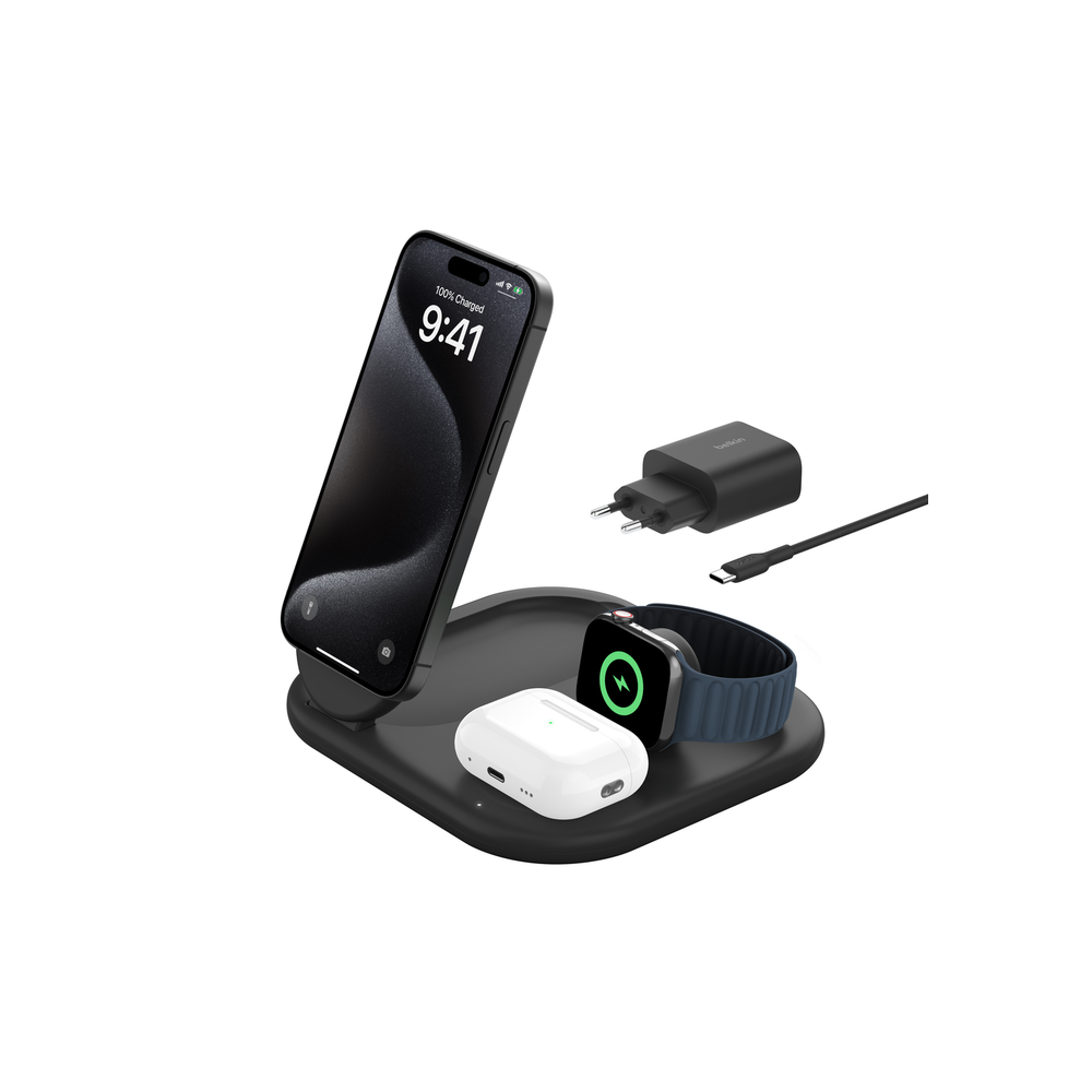 Socle de recharge 3-en-1 aimantée et pliable avec Qi2 15 W / Noir