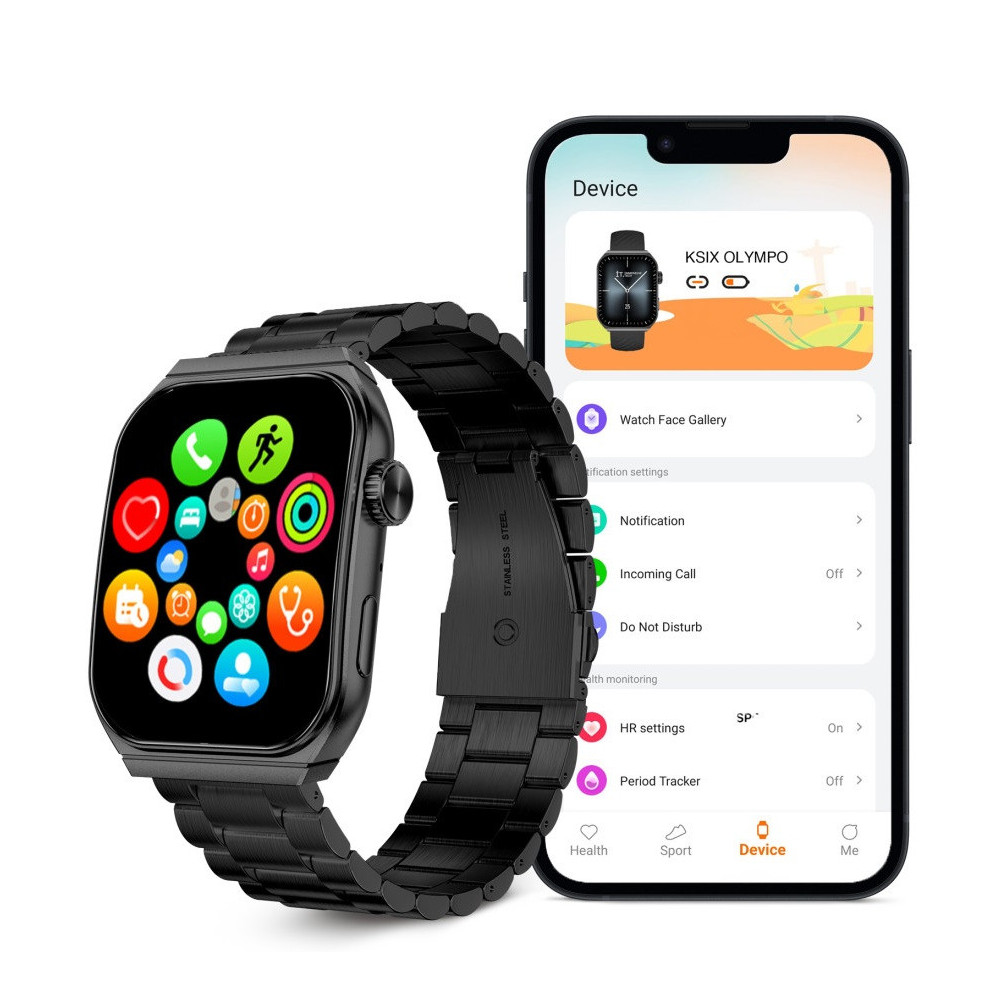 Montre connectée KSIX Olympo, écran AMOLED 1,96”, 2 bracelets, Noir