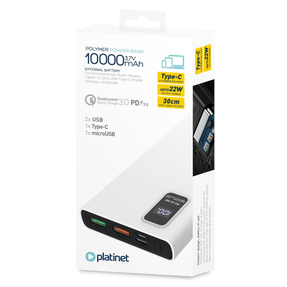 POWER BANK PLATINET 10000 mAh Polymère PD 3.0 QC 3.0 Écran LED BLANC